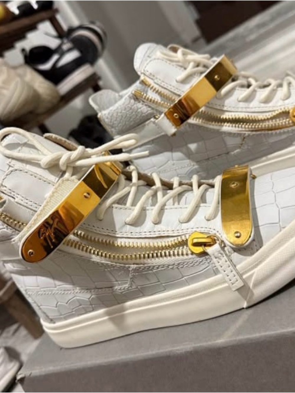Giuseppe Zanotti White Croc-Embossed High-Top Sneakers with Gold Hardware